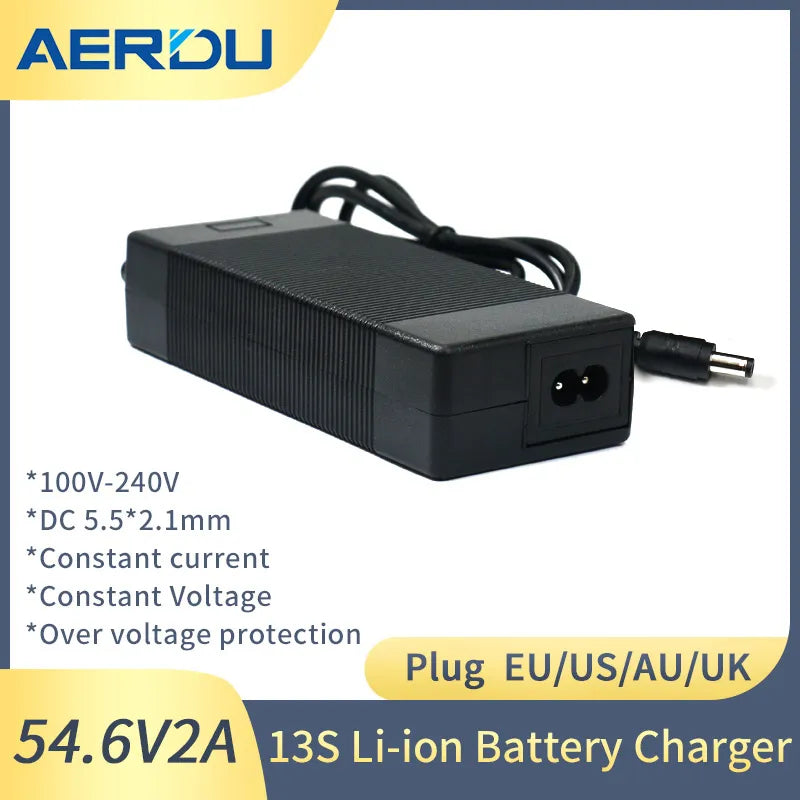 AERDU 48V 2A Battery Charger Output 54.6V 2A Charger Input 100-240V AC Lithium Li-ion Charger For 13S eries 48V Electric Bike