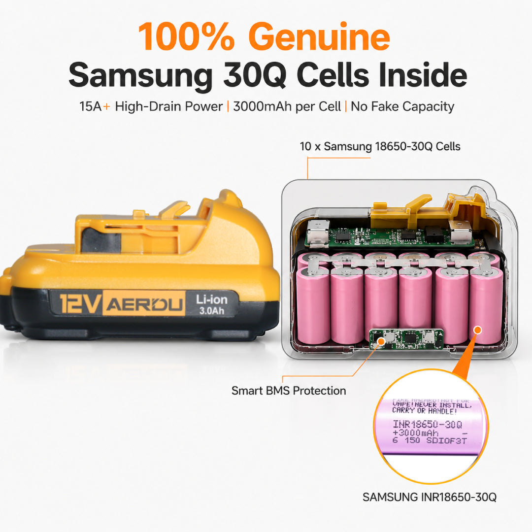 AERDU Power 12V MAX 3.0Ah Premium Battery for DeWalt 12V Tools - Genuine Samsung 30Q Cells