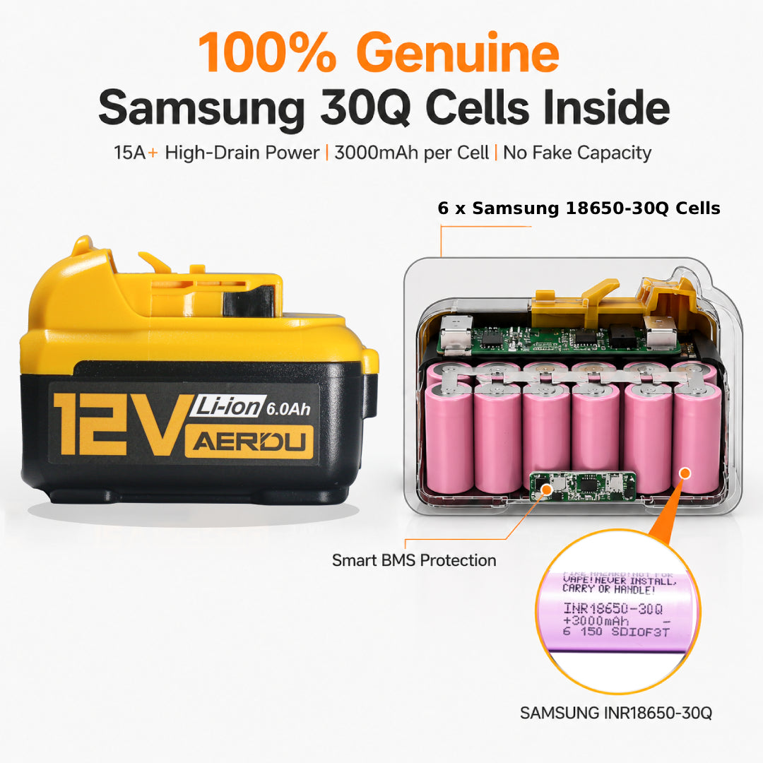 AERDU Power 12V MAX 6.0Ah Premium Battery for DeWalt 12V Tools - Genuine Samsung 30Q Cells