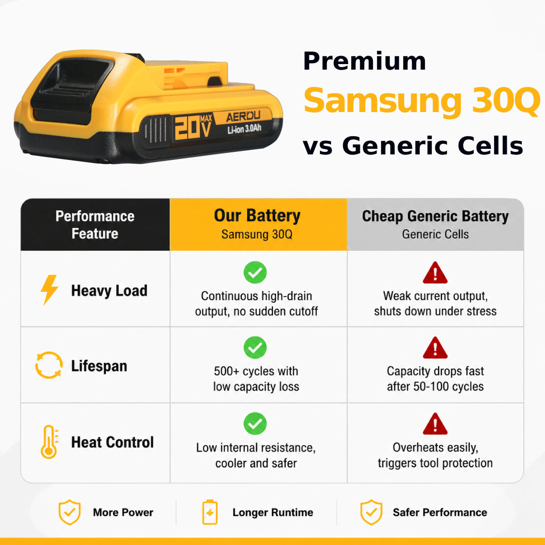 AERDU Power 20V MAX 3.0Ah Premium Battery for DeWalt 20V Tools - Genuine Samsung 30Q Cells