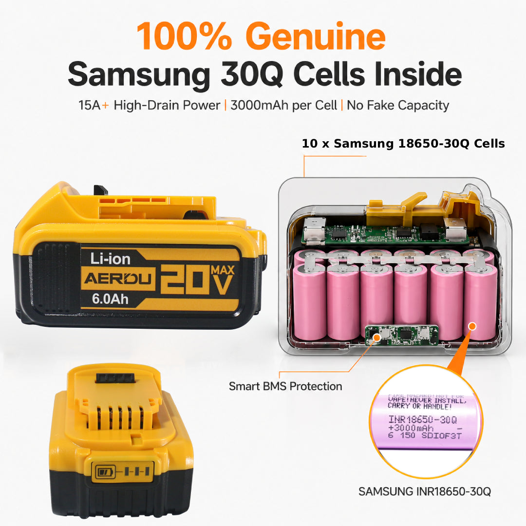 AERDU Power 20V MAX 6.0Ah Premium Battery for DeWalt 20V Tools - Genuine Samsung 30Q Cells