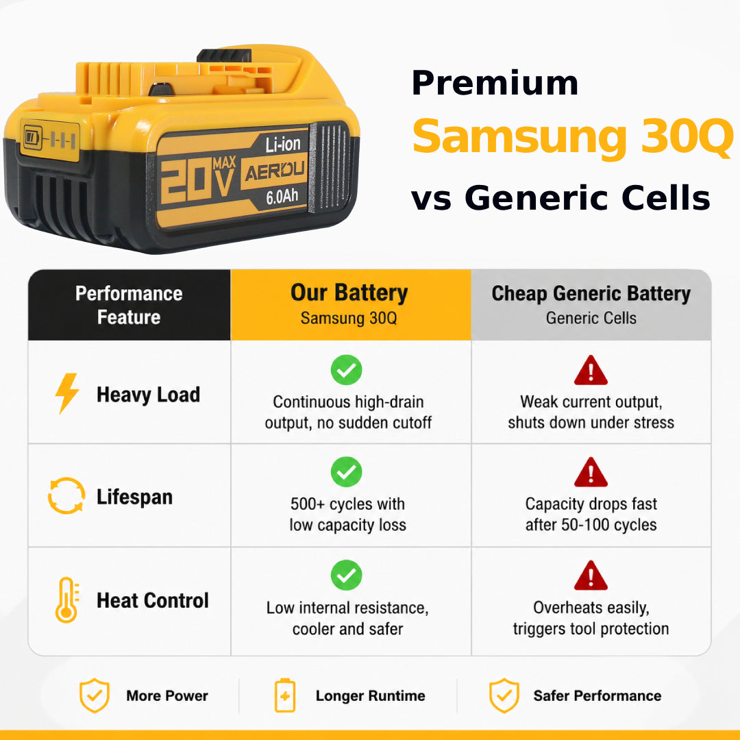 AERDU Power 20V MAX 6.0Ah Premium Battery for DeWalt 20V Tools - Genuine Samsung 30Q Cells