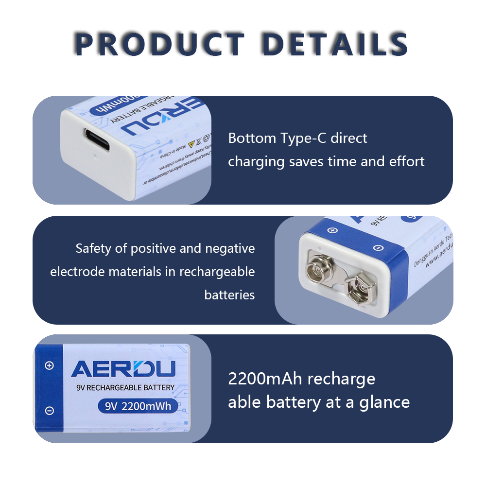 AERDU 2200mWh Micro USB 9 Volt Li-ion Rechargeable Battery 6F22 9V Li ion Lithium Battery for RC Helicopter Model Microphone Toy