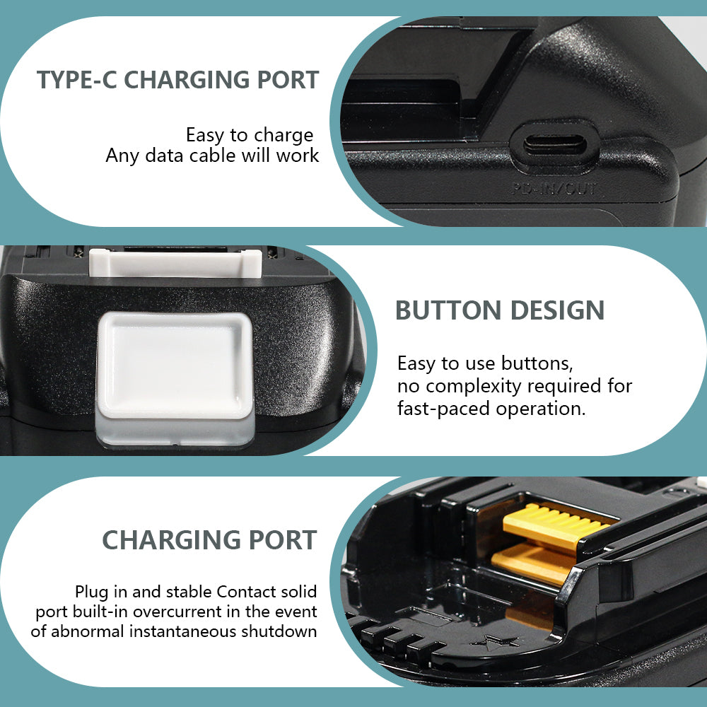 For Makita 10-Cell 18V 4A Type-C Battery – Dual-Purpose Super Fast Charger for Tools & Smart Devices, Global Use
