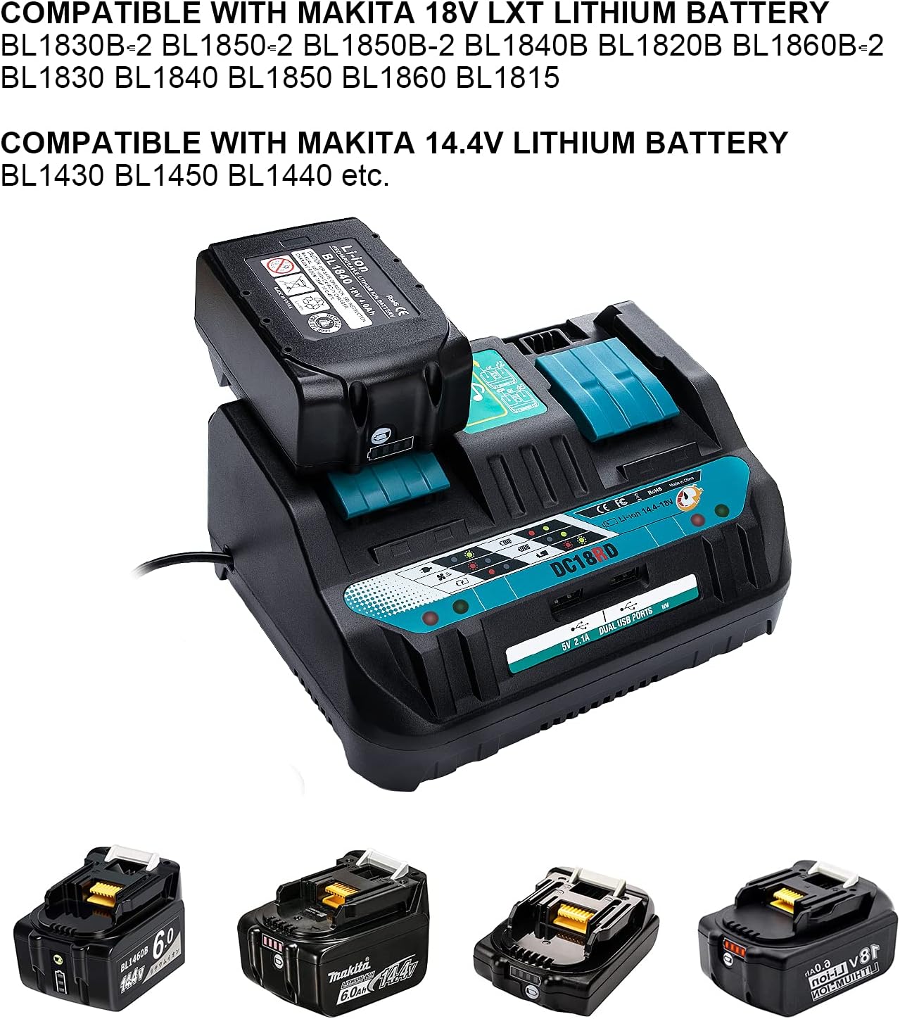 18V Battery Charger DC18RD Dual Ports Fast Replacement Charge 2A for Makita Lithium-Ion Battery BL1415 BL1430 BL1830 BL1840 BL1850 BL1850B BL1860B, Replace DC18RC DC18SF DC18RT USA