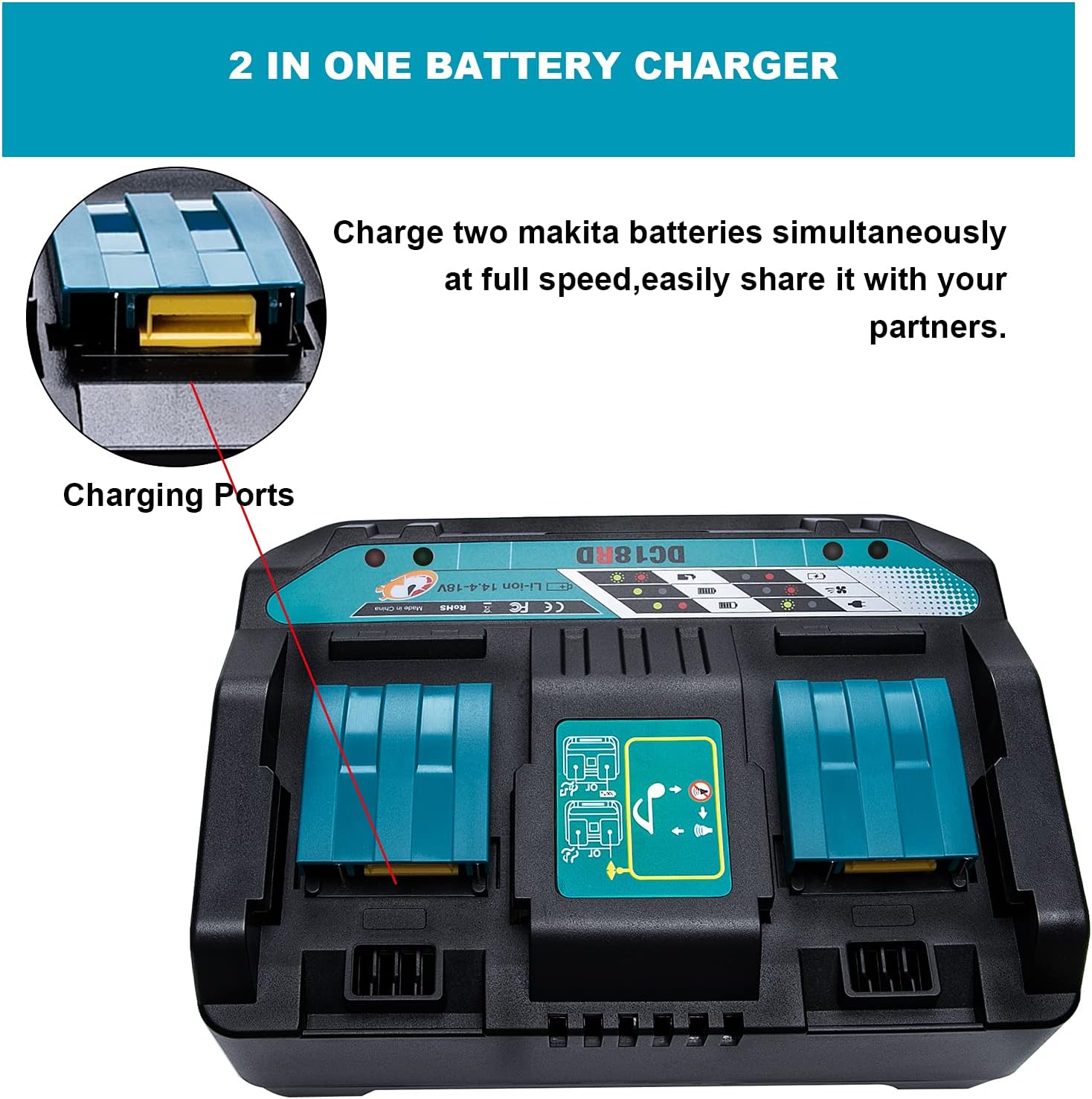 18V Battery Charger DC18RD Dual Ports Fast Replacement Charge 2A for Makita Lithium-Ion Battery BL1415 BL1430 BL1830 BL1840 BL1850 BL1850B BL1860B, Replace DC18RC DC18SF DC18RT USA
