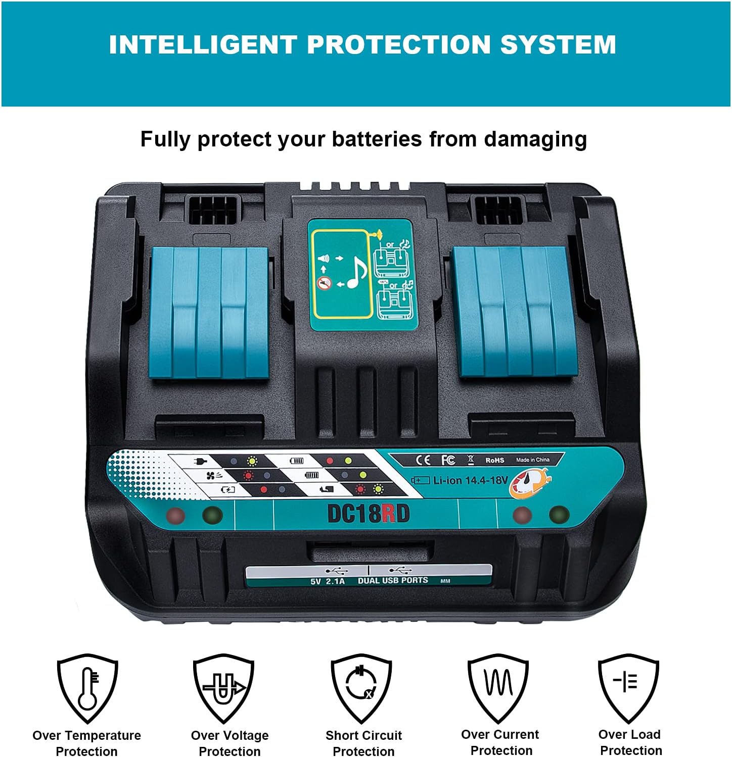 DC18RD 2-Ports Fast Charger Replacement for Makita 14.4V 18V LXT Battery Lithium-Ion, Compatible with Makita BL1415 BL1430 BL1830 BL1840 BL1850 BL1850B BL1860B Batteries EU