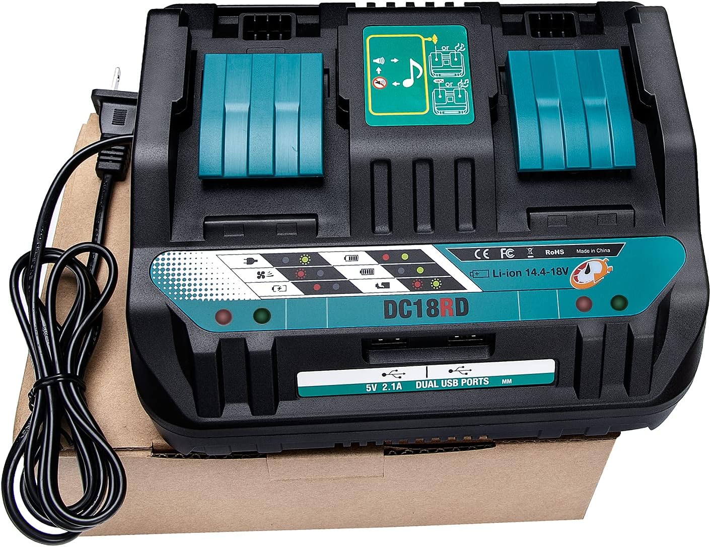 18V Battery Charger DC18RD Dual Ports Fast Replacement Charge 2A for Makita Lithium-Ion Battery BL1415 BL1430 BL1830 BL1840 BL1850 BL1850B BL1860B, Replace DC18RC DC18SF DC18RT USA