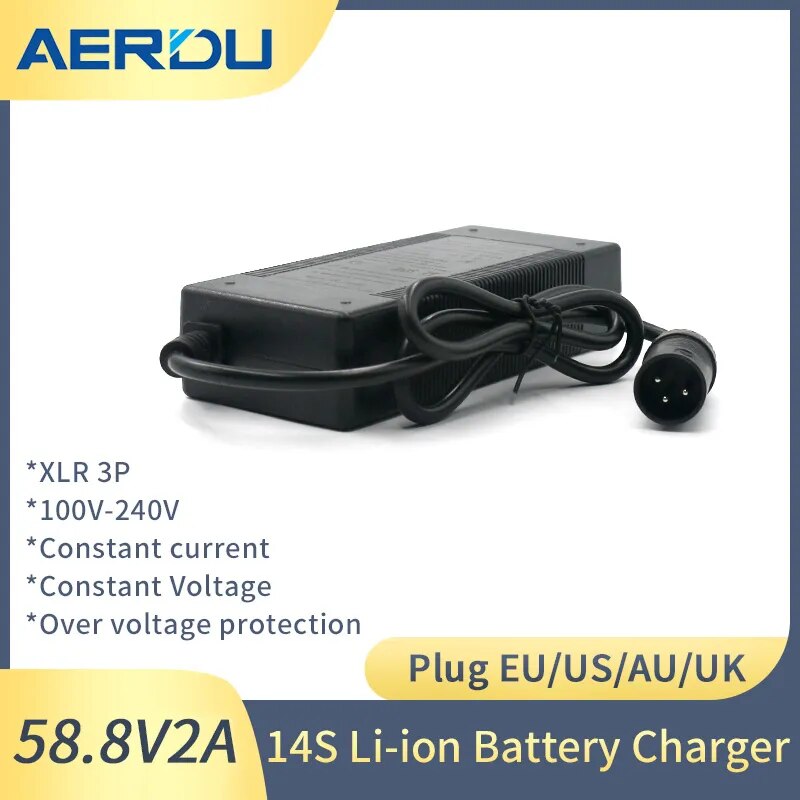 AERDU 58.8V 2A electric bike Charger XLR 3P For 14S 52V lithium Battery e-bike Charger High quality Strong with cooling fan