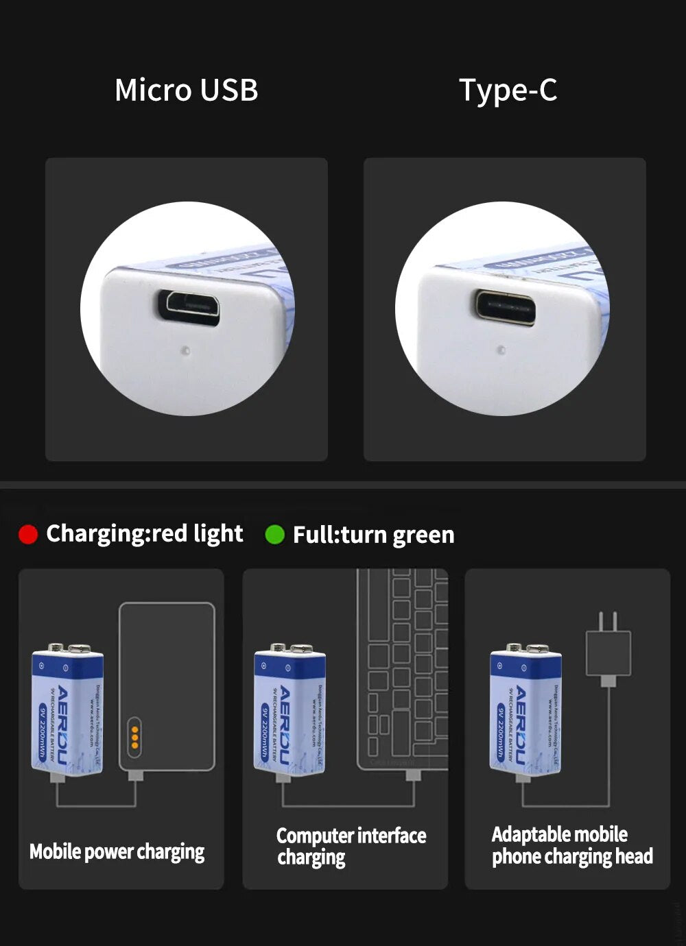 AERDU 2200mWh Micro USB 9 Volt Li-ion Oppladbart Batteri 6F22 9V Li-ion Litiumbatteri for RC Helikoptermodell Mikrofon Leketøy 